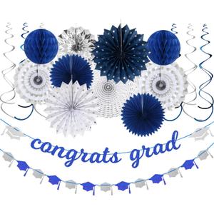 Navy-blue Silver Party-Decorations Graduation Banner-Streamers - 18pcs Kits 2026 Congrate Grad Garland,Congratulations Paper Tissue Pom Poms Fan,Honeycomb Lanterns Decor Panduola