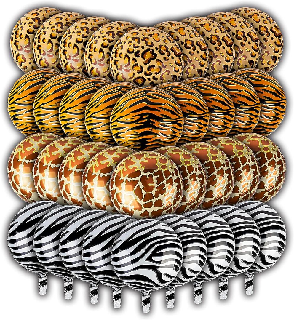 36 Pieces Jungle Balloons by Lunaborne - 18-inch Aluminum Foil Balloons - Leopard Tiger Zebra Giraffe Print Pattern Helium Party Balloons, Jungle Wildlife Zoo Theme Birthday Party Decorations