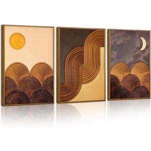 Tinonedraw Boho Mountain Framed Canvas Wall Art Set, Mid Century Modern Geometric Line Wall Decor, Bohemian Sun and Moon Art Paintings, Beige Brown Wooden Artwork for Living Room Bedroom Office 16"x24"x3