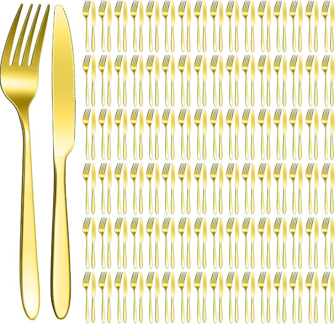 Nuenen 100 Pieces Stainless Steel forks and knives Dinner Flatware Set Tableware Cutlery for Butter Kitchen Restaurant, Dishwasher Safe(Gold,8.4 Inches, 7.1 Inches)