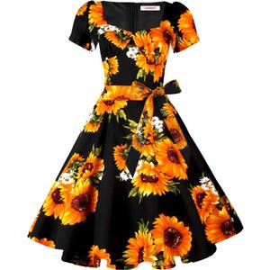 GOOBGS Women's 1950s Vintage Puff Sleeves Cocktail Rockabilly Swing Retro Dress with Pockets New (M)