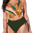Pink Queen Women's Scoop Neck Racerback Ruched Crop Top High Waisted Bikini Sets 2 Piece Swimsuit Bathing Suit, M,  Tropical Green
