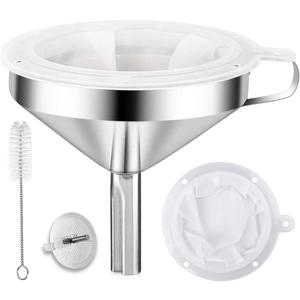 Kitchen Funnel for Filling Bottles, 304 Stainless Steel Food Funnels with Strainer and 200 Mesh Filter, Metal Funnel Set for Transferring Canning Oil Coffee
