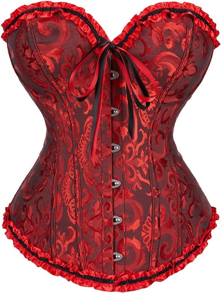 SZIVYSHI Corset Tops for Women, Bustier Shapewear Lingerie, Lace Waist Push Up Bodysuit (X-Small, Black & Red)