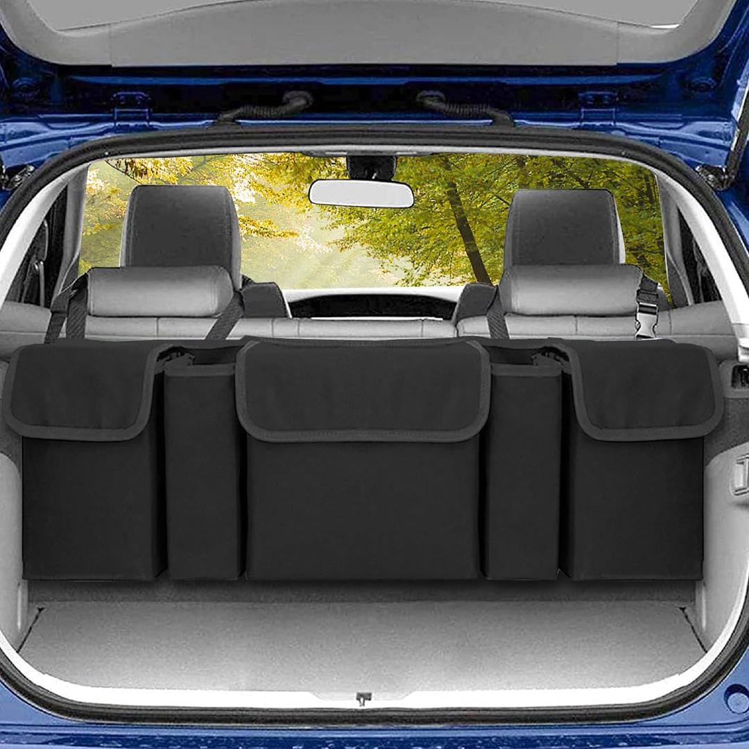 Car Organizer with 5 Large Storage Pockets, Backseat Hanging Trunk Organizer for SUV, Truck, Van, Sedan - Space Saving Expert (All Black)