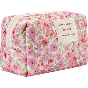 uekeboag Small Floral Quilted Cotton Makeup Pouch for Women and girls,Coquette Quilted Toiletry Bag,Cute Aesthetic Mini Bag, Kawaii Travel Cosmetic Bags(A-Pink Little Flower)