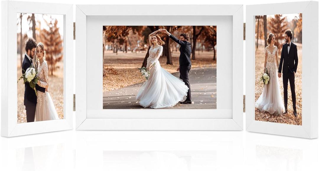 Hinged 3 Picture Frame 4x6 & 5x7 Folding Collage Photo Frames Multiple Wooden Desk Picture Frames with Mat for Office Tabletop or Wall Decor, White (Double Vertical 4x6 & One Horizontal 5x7)