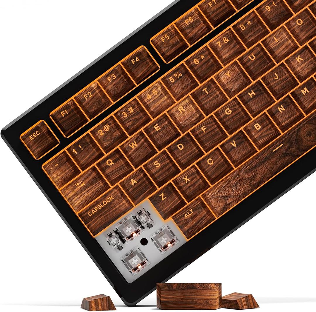 PBT Keycaps Shine Through Custom Keyboard Keycaps, 130 Keys Retro Dye-Sublimation Key caps Set, Cherry Profile for 61/64/75/84/87/104/108 Layout Mechanical Keyboard, Walnut Textures
