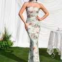 Auraxe Formal Halter Maxi Dress for Women Summer Floral Elegant Mesh Ruched Bodycon Cocktail Wedding Guest Long Dresses (S)