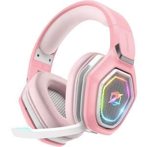 Ozeino 2.4GHz Wireless Gaming Headset with Microphone, 2.4G USB & Type C Transmitter - 30h Battery Life - RGB Lighting Gaming Headphones for PS5, PS4, PC, Phone (Pink)