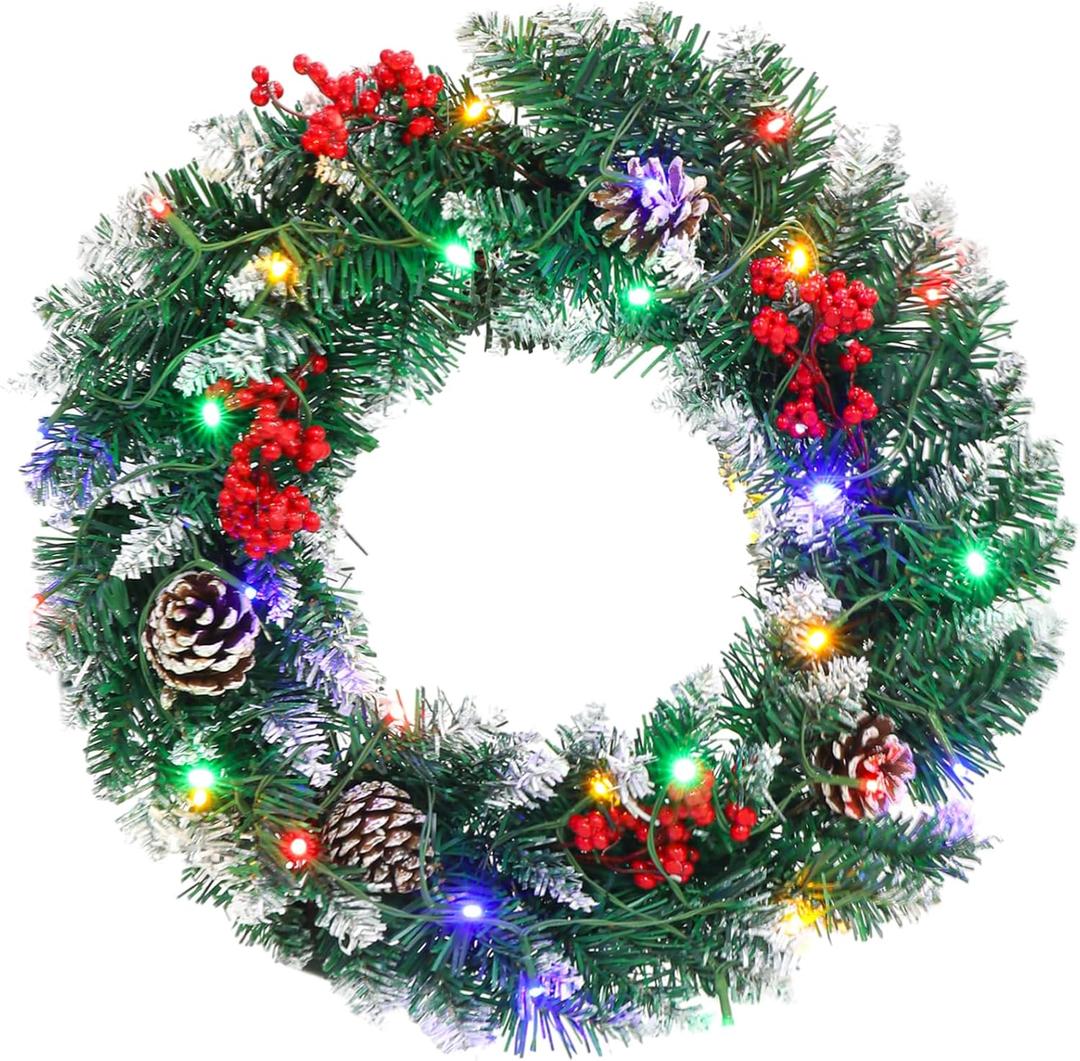 Christmas Wreath, 18in Outdoor Lighted Wreaths for Christmas, Front Door Christmas Wreaths with 30 LED, Pre-Lit Battery Powered Christmas Door Decorations with Pine Cones, Berry Clusters