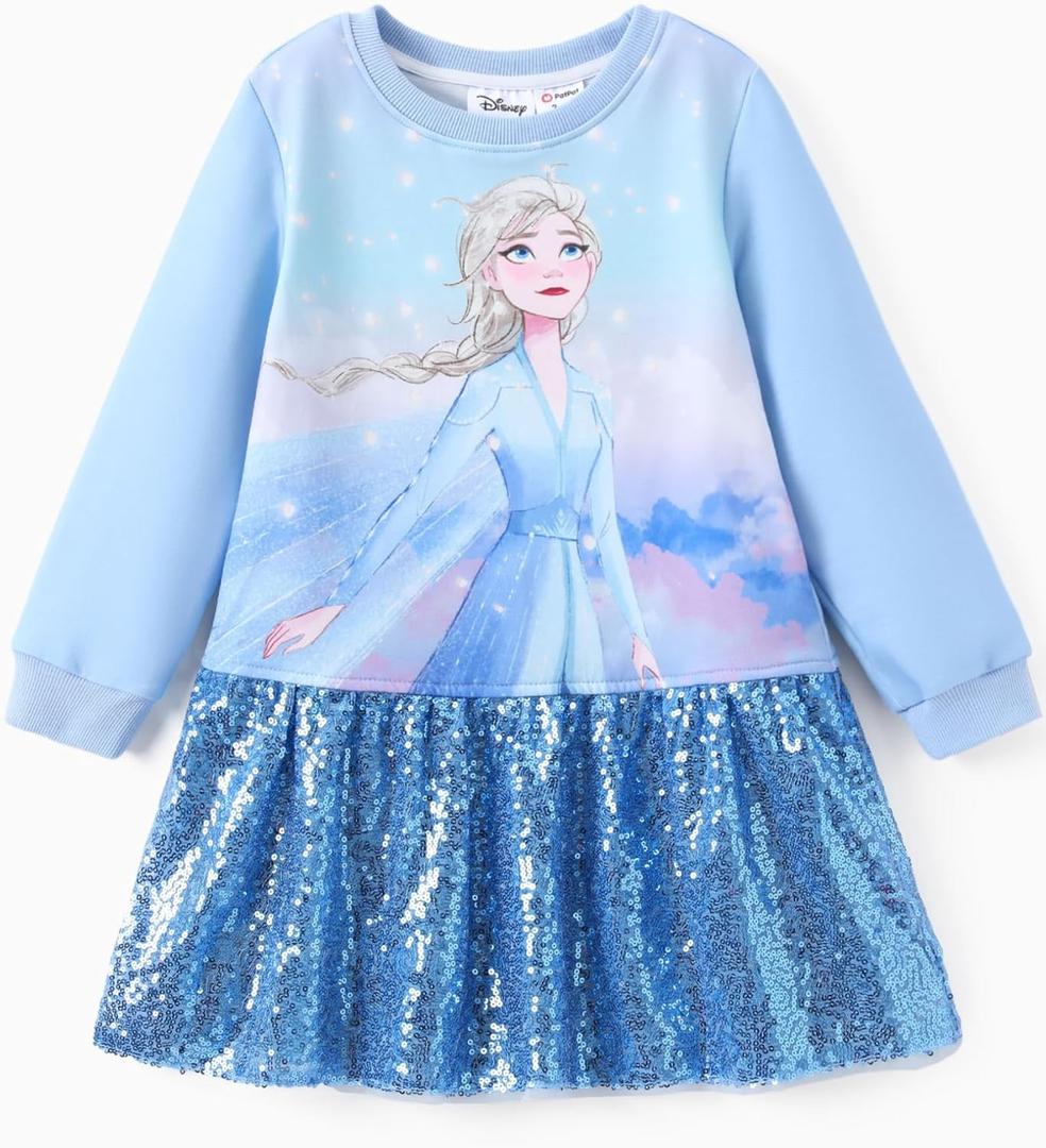 Disney Stitch Minnie Elsa Princess Sweatshirt Dress Toddler Girl Sequin Long Sleeve Pullover Clothes Fall Outfit 2-9 Years (4-5T)