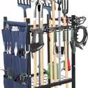Garden Tool Rack Freestanding, Heavy Duty Garden Tool Organizer, 3-tier Tool Rack, Multifunctional Yard Tool Storage with Hooks and Storage pockets for Outdoor Long-Handled Broom Shovel Rake