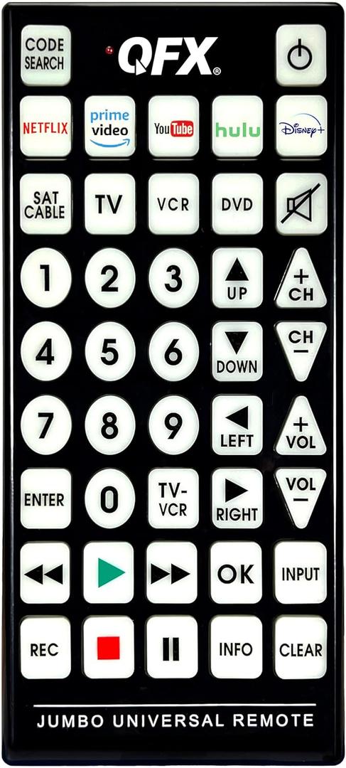 QFX REM-115 8 in 1 Large Jumbo Universal Remote Control for RCA, Sony, Philips, Samsung, GE, Zenith, Panasonic, Sharp, Toshiba, Daewoo, Hitachi, Sanyo, LG, JVC, Mitsubishi, Emerson, Magnavox