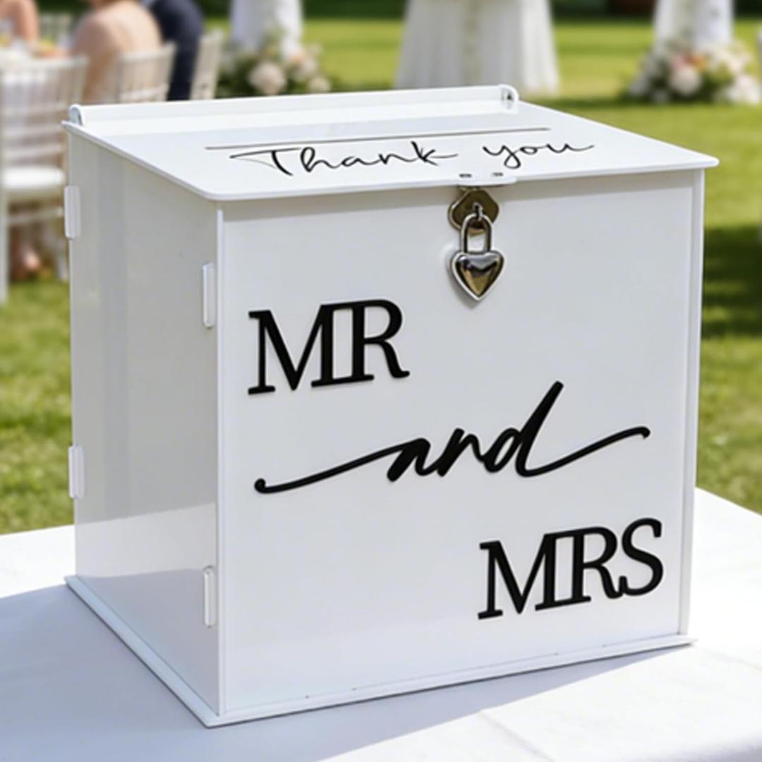 White Acrylic Card Box with Lock, DIY Wedding Card Box for Reception with Mr and Mrs 3D Pop Out Text, Envelope Money Gift Cards Box for Party Wedding Engagement Bridal Shower Table Decor