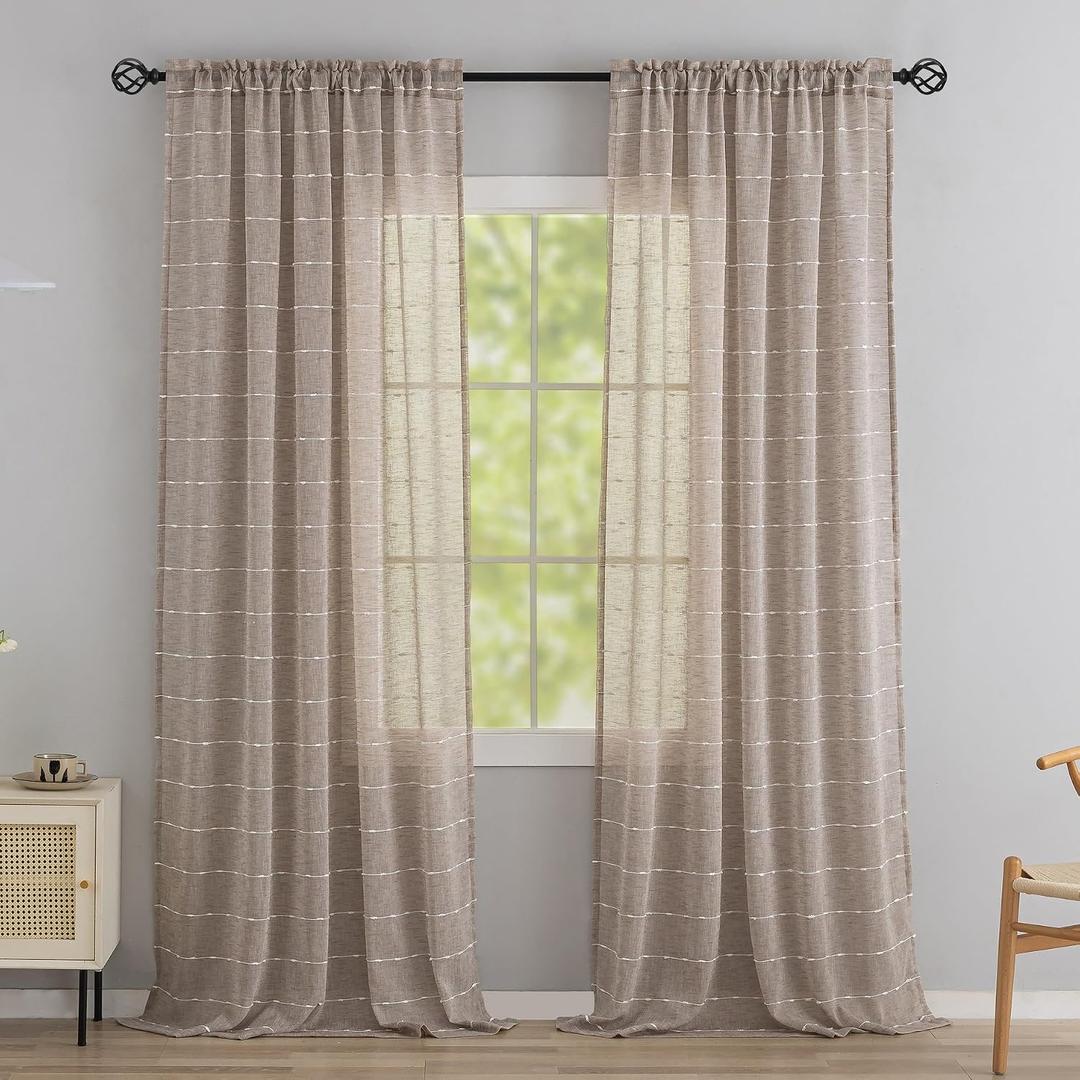 Sheer Curtains for Living Room 90 Inches Long Brown Thick Linen Textured Gauze with Striped Pom Pom Shabby Chic Farmhouse Bedroom Privacy Curtains That Let Light in 52" W X 90" L