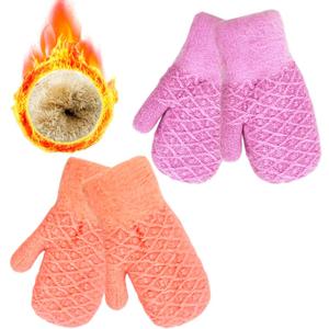 2 Pairs Kids Winter Mittens Warm Thermal Thick Fleece Knitted Snow Gloves for Girls Boys Cold Weather 3-7 Years (Purple+pink)