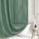Green Boho Shower Curtain Woven Fabric Cute Shower Curtain, 72 x 72 Tufted Leaves Textured Striped Modern Farmhouse Minimalist Cloth Shower Curtains for Bathroom