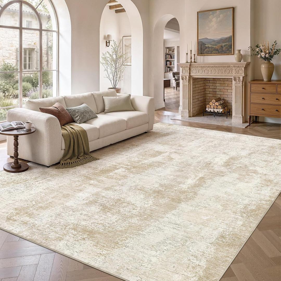 UERMEI 10x12 Area Rug for Living Room Washable Abstract Beige Carpet
