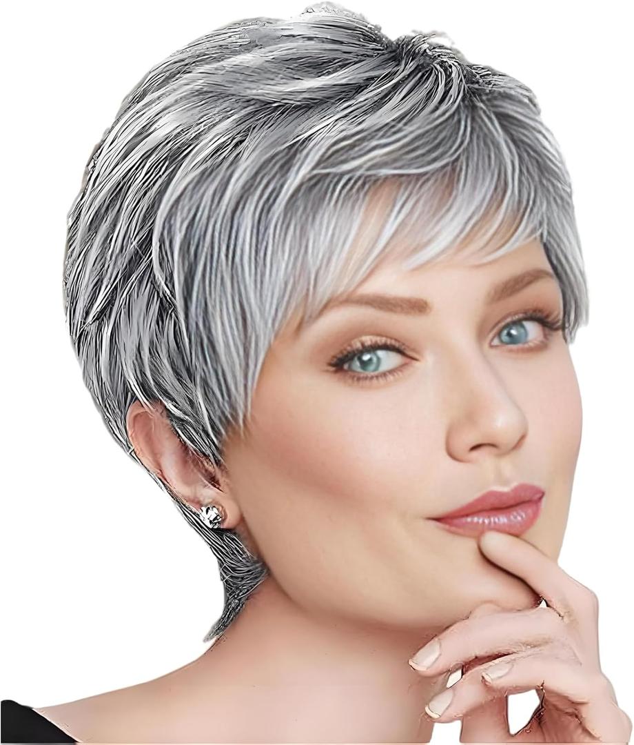 Short Grey Pixie Wig with Fringe for Women, Old Lady Wig, Silver Grey Hair Wigs, Fluffy Layered Synthetic Hair, Black and Grey Wigs, Daily Wear and Special Occasions (Silver Grey)