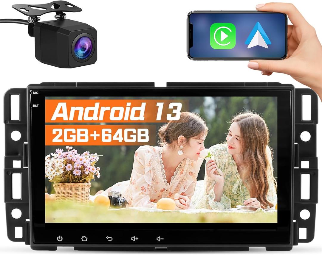Car Radio Stereo for Chevy Silverado GMC Sierra 2007-2013, Android 13 with CarPlay Android Auto Bluetooth GPS Navigation Touch Screen Head Unit, 8 Inch IPS Screen 2GB RAM+ 64GB ROM