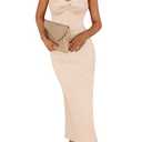 PRETTYGARDEN Women's Bodycon Long Dresses Summer Strapless Tube Twist Knot Front Ribbed Knit Maxi Cocktail Dress with Slit (Beige,Small)