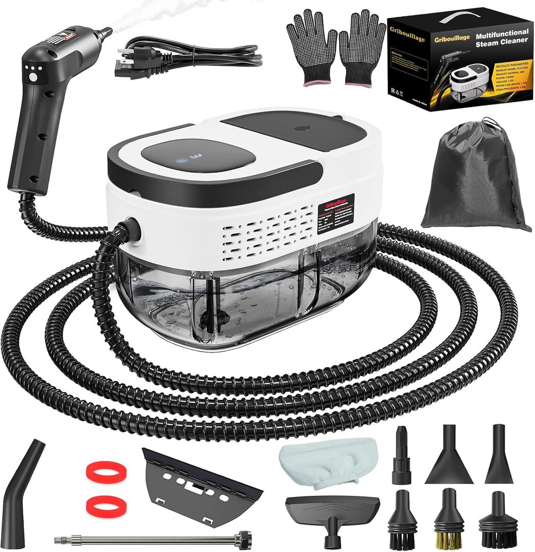 Handheld Steam Cleaner, 2500W High Pressure Steam Machine, 1.6L Water Tank, 3 Levels Adjustable Handle, Portable Cleaning Steamer for Home, Car Detailing, Bed Bugs, Furniture, Couch, Grout (White)