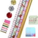 LaRibbons Christmas Wrapping Paper Sets, Classic Reindeer Stripes & Happy Holiday Design with Ribbons & Gift Tags & Metallic Pom Pom for Christmas, Holiday，30Inch × 10Feet（ 4 Rolls: 100 Sq.Ft.Ttl）