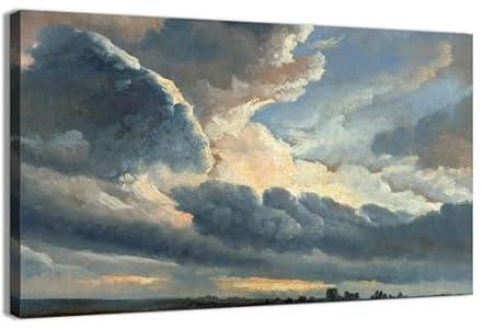 Vintage Nature Wall Decor, Unframed Canvas Wall Art, Large Sky Clouds Sunset Wall Art Prints for Living Room, Classical Retro Paintings for Bedroom Office Home Decoration 24x16inches Frameless