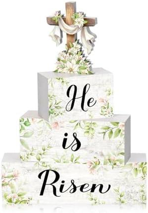 4 Pcs Easter Table Decor He is Risen Tiered Tray Decorations Set Christian Easter Spring Green Cross Rustic Farmhouse Wooden Stack Block Signs Religious Tabletop Party Decor for Home Office