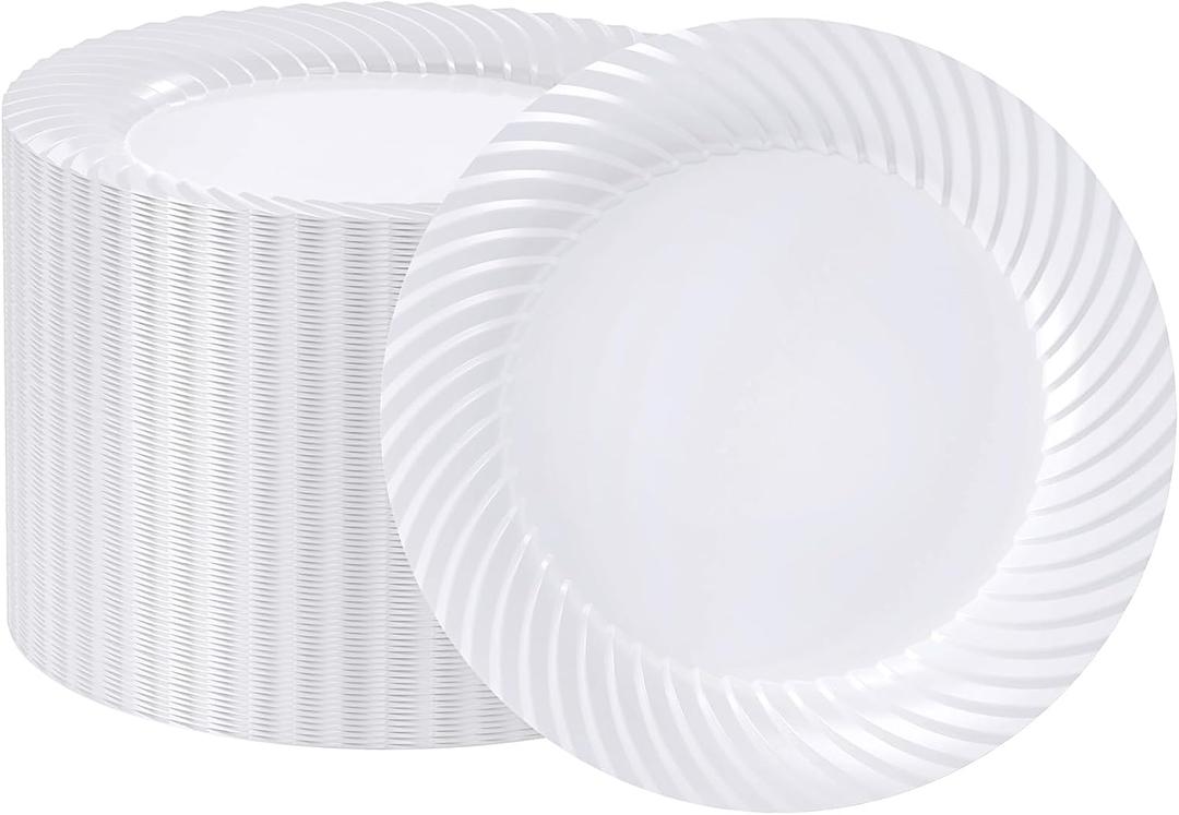 FOCUSLINE 10 Inch White Plastic Plates,100 Count Disposable Heavy Duty Dinner Plates, Premium Hard Plastic for Weddings, Parties and Events