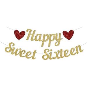 Pre-Strung Happy Sweet Sixteen Banner - 16th Birthday Party Decorations, Sweet Sixteen Banner, Happy 16th Birthday Anniversary Party Decoration Gold Glitter