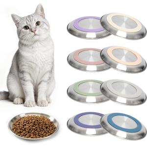 8 Pack Stainless Steel Cat Food Bowls, Cat Dishes Shallow Whisker-Friendly Metal Dishes with Non-Slip Silicone Bottom, Easy to Clean Indoor Feeding Bowls for Cats, Kittens & Small Dogs (6.7")
