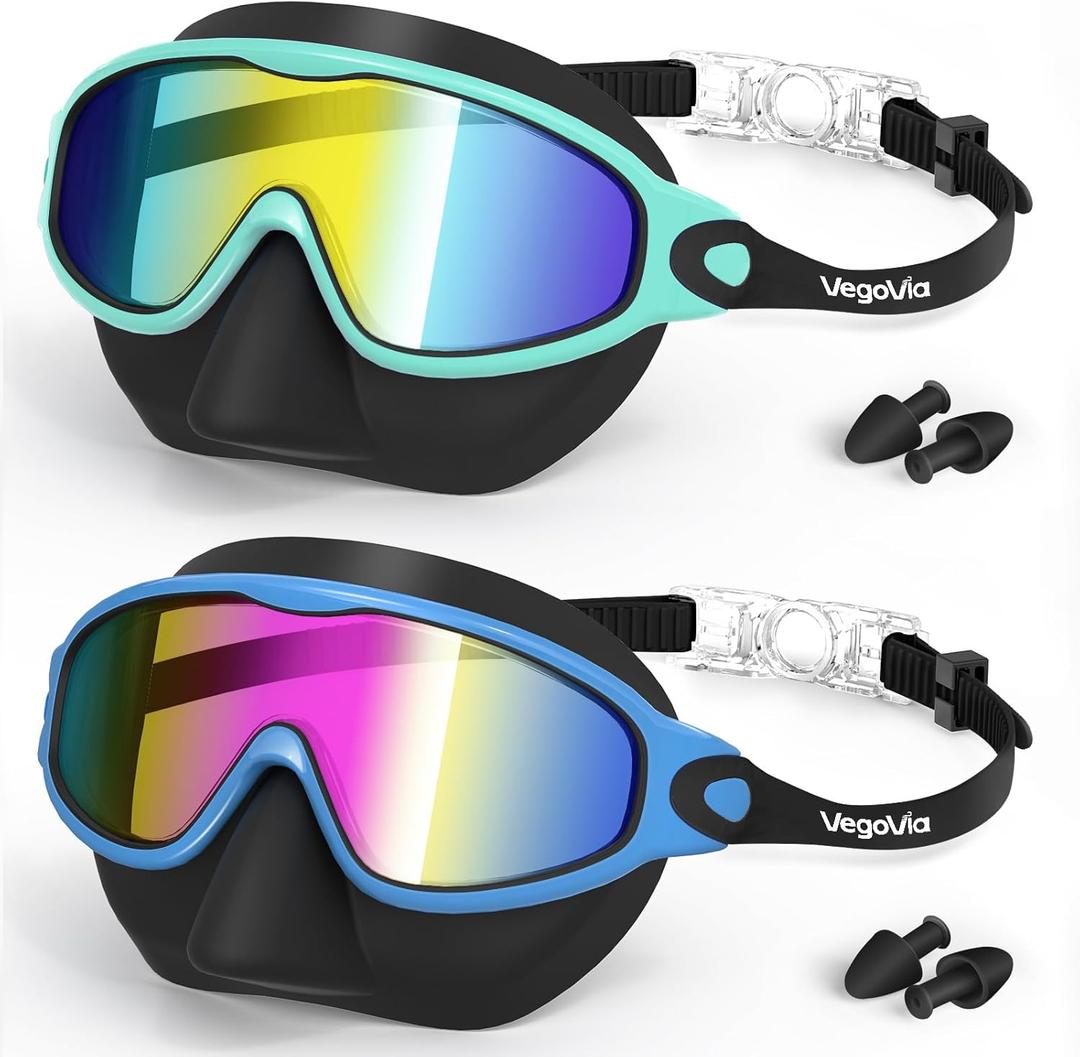 VegoVia 2 Pack Kids Swim Goggles with Nose Cover, Anti-Fog UV Protection Swimming Goggles for Kids Youth 3-15 (Black Green& Black Blue)