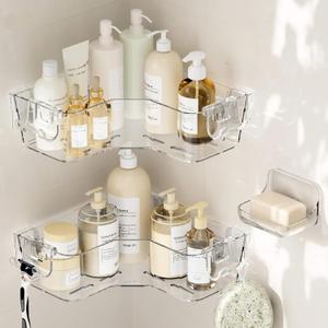 UDD Corner Shower Caddy, Clear Shower Organizer Bathroom Storage Rack with Soap Dish and Razor Holder Hook, Adhesive Wall Shower Shelves for Bathtub Dorm, 3 Pack