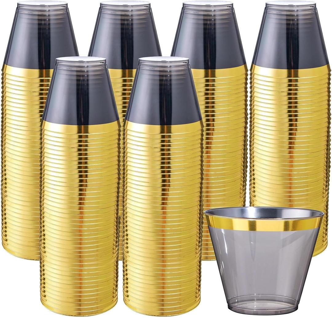 Superrnal 100pcs Gold and Black Plastic Cups 9OZ Elegant Gold Rimmed Clear Party Cups Fancy Disposable Wedding Cup Plastic Cup for Party,Gatherings, Afternoon Tea