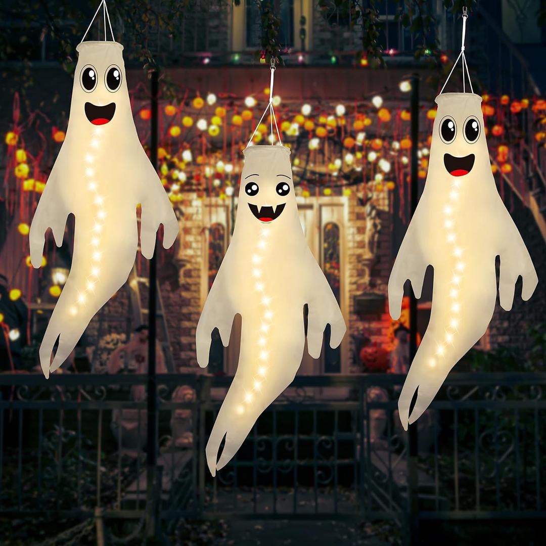 3PCS 43 Inch Halloween Lighted Hanging Ghost Windsocks Hanging Decorations for Tree, Fall LED Flag Wind Socks for Home Yard Outdoor Autumn Decor Party Supplies (Batteries Not Included, No Timer)