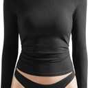 OMKAGI Women Long Sleeve Shirts Cotton Ribbed Fitted Basic Tops Crewneck Y2K Top (X-Small, Black)