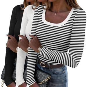 Zeagoo Women's Long Sleeve Scoop Neck Shirts Casual Slim Fit Rib Knit Tops Summer Fall Basic Business Work Tee (Black+white+stripes)