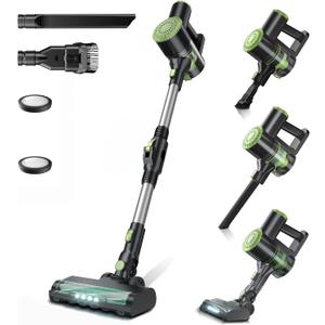 PRETTYCARELIFE Cordless Vacuum Cleaner Bendable Wand Rechargeable, Lightweight Stick Vacuum Cleaner, 6 in 1, Self-Standing with Powerful Suction, Cordless Vacuum for Hardwood Floor (Green)