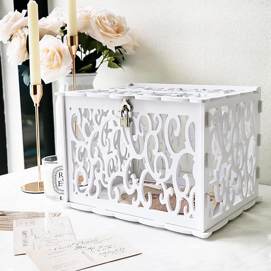 OurWarm PVC Hollow Wedding Envelope Box with Lock and Card Sign, Secure Money Box for Wedding Reception, Birthday, Baby Shower, Graduation Party Supplies