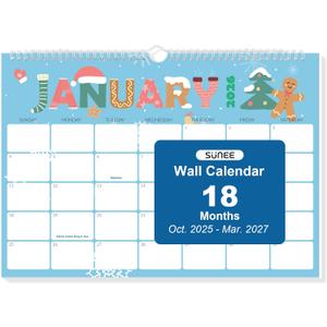 SUNEE Calendar 2026 18 Months Wall Calendar Oct. 2025 - Mar. 2027, 17"x12" Horizontal Hanging Calendar with Past Month and Next Month for Organizing & Planning, Cute
