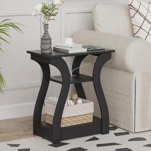 FROMJBEST End Table with Charging Station, Side Table with USB Ports and Outlets, Nightstand, 3 Tier End Table with Storage Shelf for Living Room, Bedroom (Black)