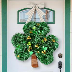 RattanView St Patricks Day Shamrock Tinsel Wreath for Front Door, St. Patrick's Day Decorations Lucky Green Shamrock Hat Tinsel Wreaths Garland Door Swag for Irish Party Mantel Walls Home Supplies