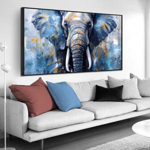 Elephant Wall Art for Living Room, Animal Canvas Wall-Decor for Bedroom, Blue Picture Print, Large Size 59x29 Inches Framed (59L" x 29W")