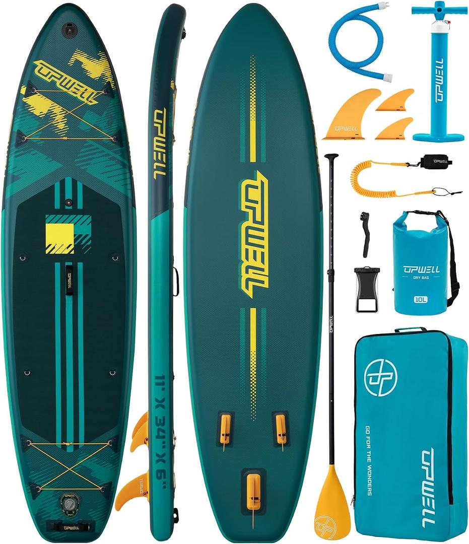 UPWELL 11'×34" Inflatable Paddle Board, SUP Board for Adults & Teens, Inflatable SUP Board with Premium Accessories, Backpack, Paddle, Leash, Hand Pump, Fins