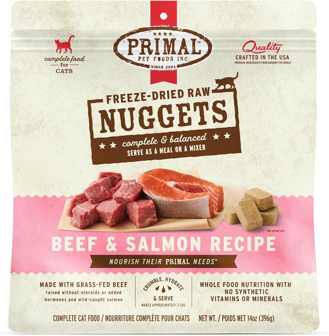 Primal Freeze Dried Raw Cat Food Nuggets Beef & Salmon, Complete & Balanced Meal or Topper, Premium, Healthy, Grain Free, High Protein Raw Cat Food with Probiotics (14 oz) (EXP 01/10/26)