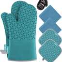 KEGOUU Oven Mitts and Pot Holders 6pcs Set, Kitchen Oven Glove High Heat Resistant 500 Degree Extra Long Oven Mitts and Potholder with Non-Slip Silicone Surface for Cooking (Lake Blue)