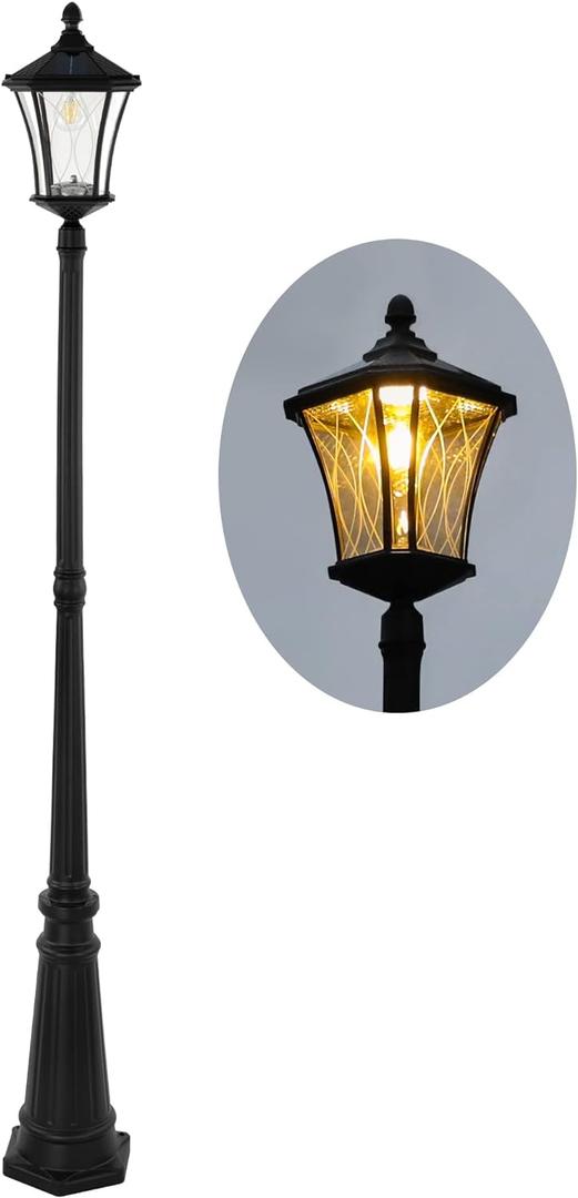 LUTEC Outdoor Solar Lamp Post Light, Dusk to Dawn Waterproof Pole Light with Patterned Glass, Exterior Vintage Black Solar Powered Street Light Fixtures for Garden, Patio, Pathway, Yard