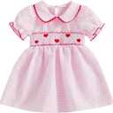 Honganda Toddler Baby Girl Valentine's Day Outfit Puff Sleeve Doll Collar Heart Smocked Dress Summer Plaid Princess Dresses (18-24 Months, Pink)